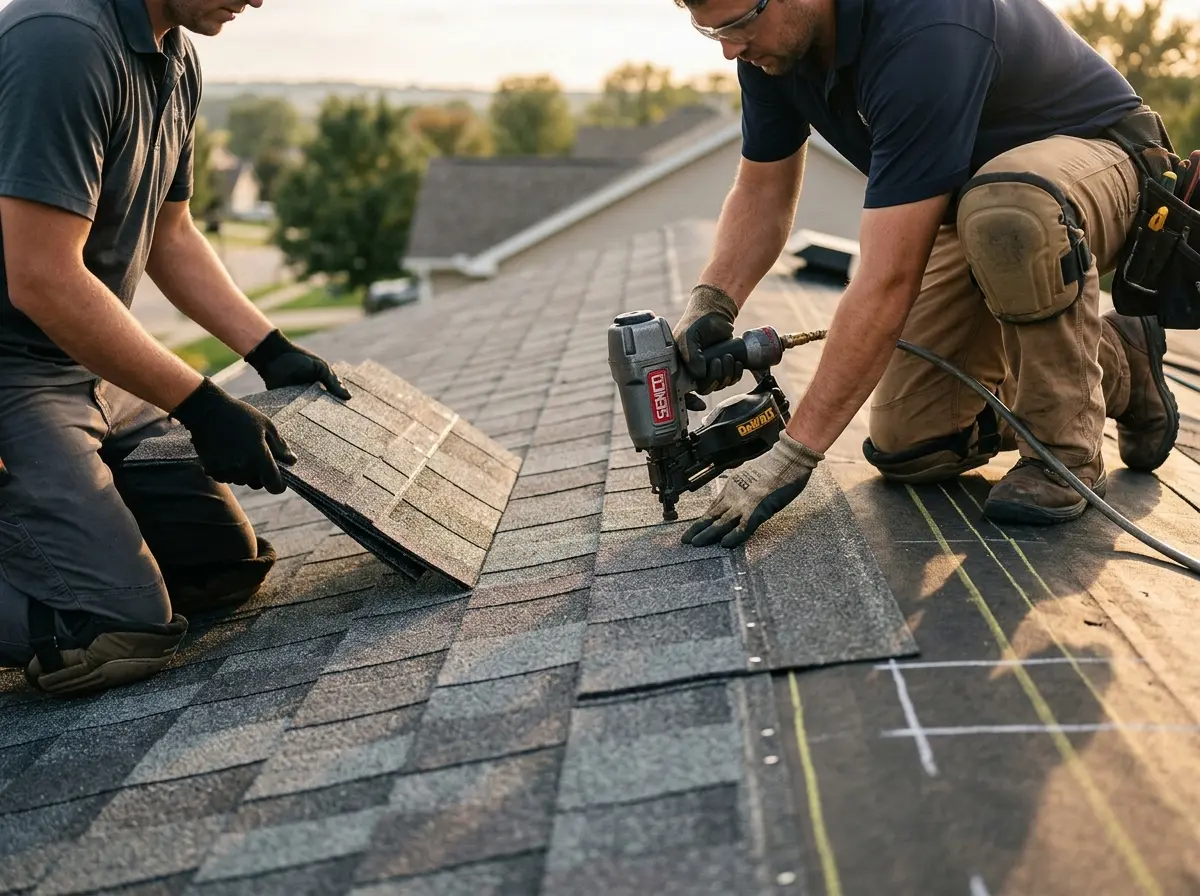 Professional roofer working on a residential roof in Georgetown